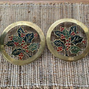Two Solid Brass Footed Christmas Holiday Trivets